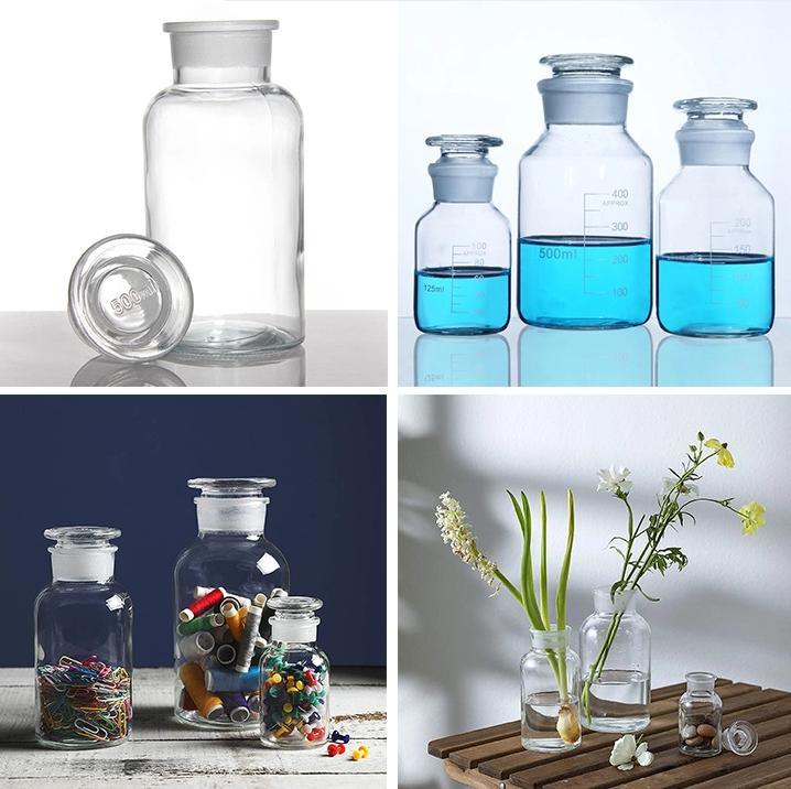 250ml 500ml 1000ml Round Clear Wide Mouth Apothecary Jars Reagent Glass Bottle with Cork Lids
