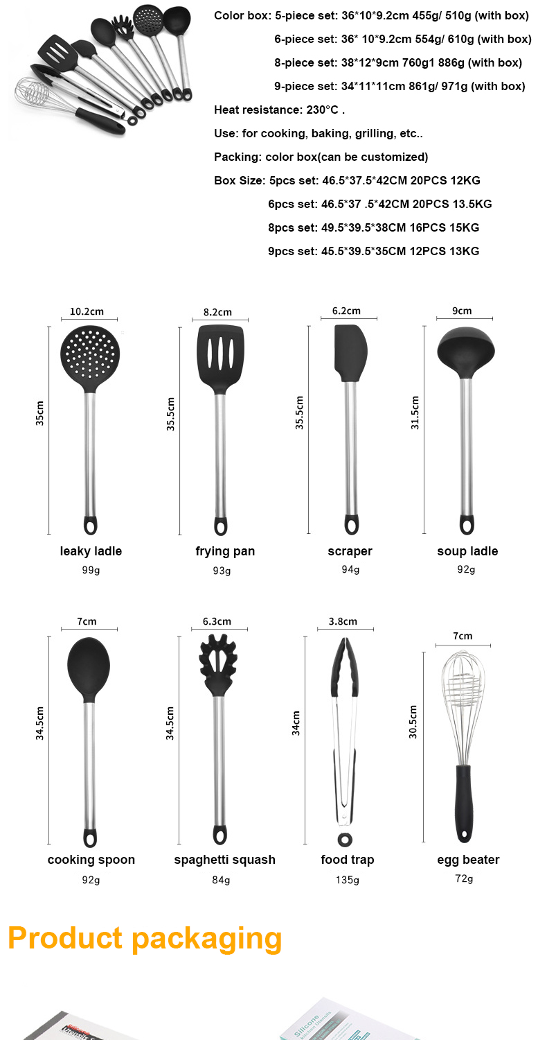 9 Pieces SS Handle Silicone Non Stick Utensils Set Lead Free