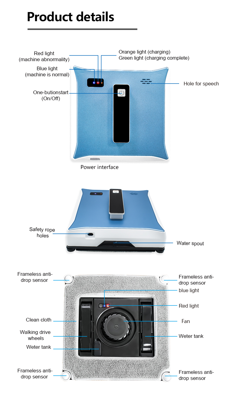 Intelligent Robot Window Vacuum Cleaner with 3 mins/m2 Cleaning Speed 216*216*65mm