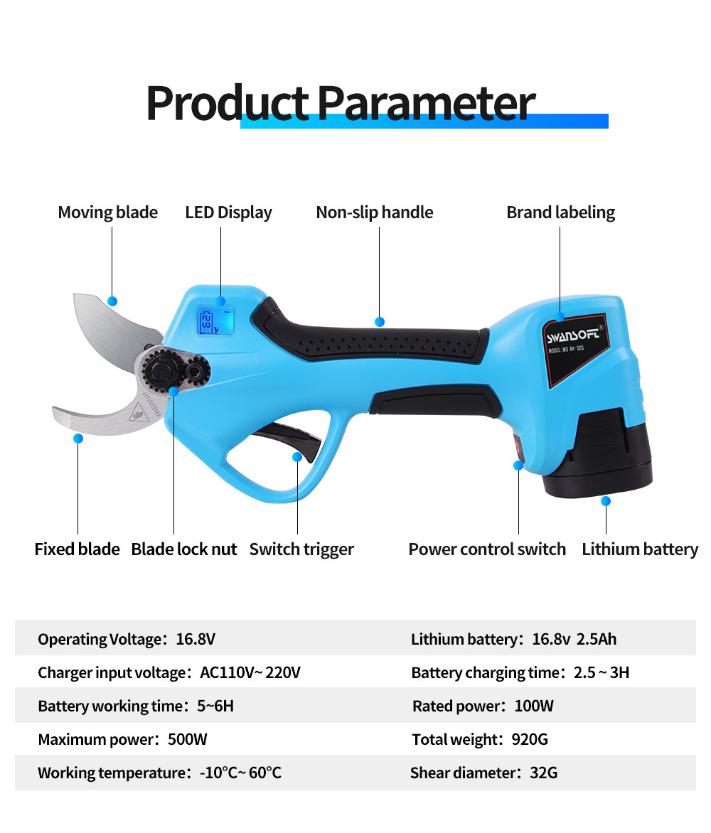 16.8V 32mm Rechargeable Pruning Shears Garden Pruning Orchard Tree High Branch Lithium Electric Pruning Shears