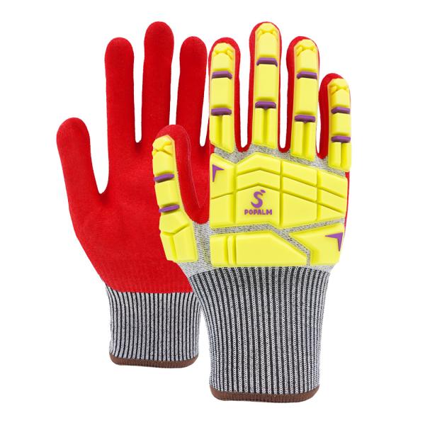 13 Gauge Red Sandy Nitrile Polyester Gloves Anti Slip TPR Impact Protection