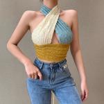 High Stretchy Waistless V Neck Halter Vest Crop Top