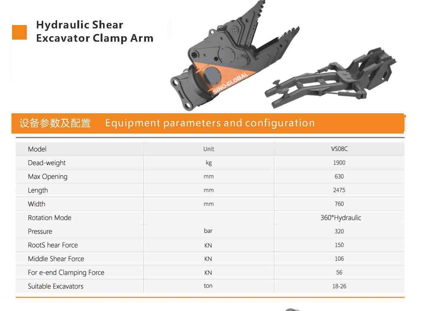 Sino Global Hydraulic Excavator Scrap Shear For Komatsu Sany CAT