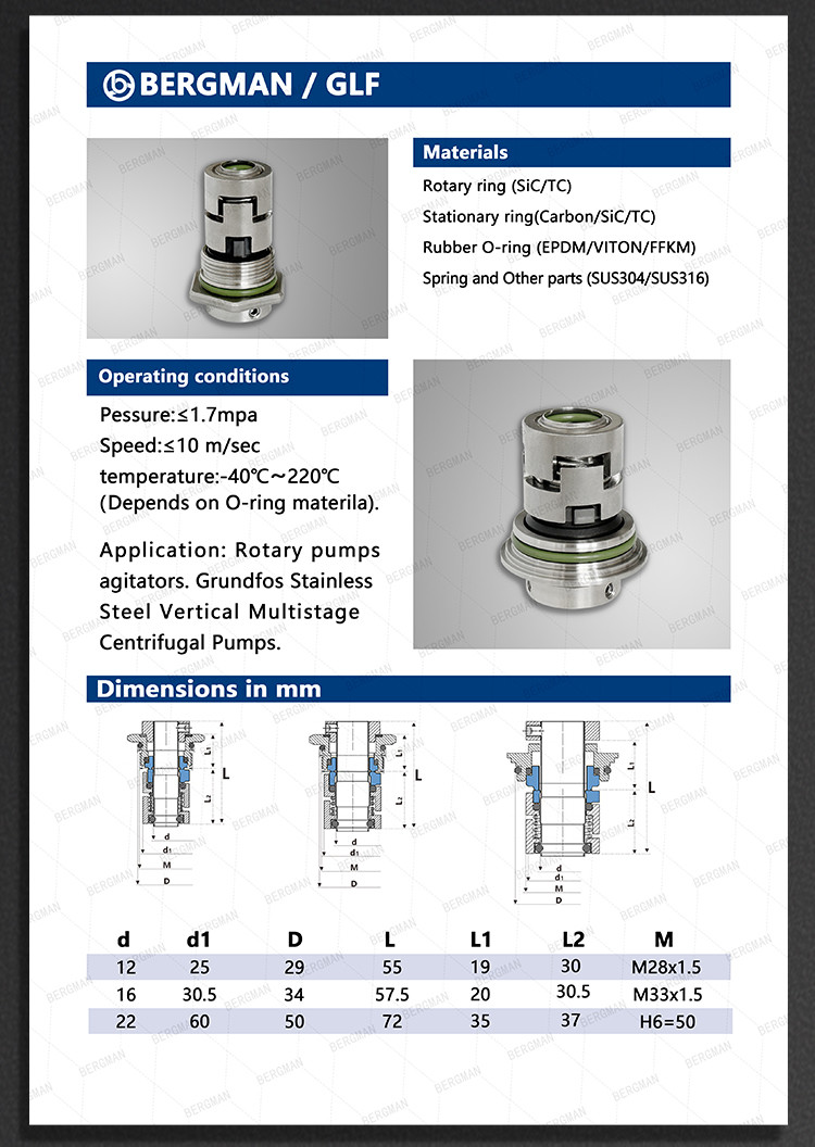 BERGMAN Replace Wilo 156-8/12/15mm PH PB-H HIPH PHI Pump Mechanical Seal