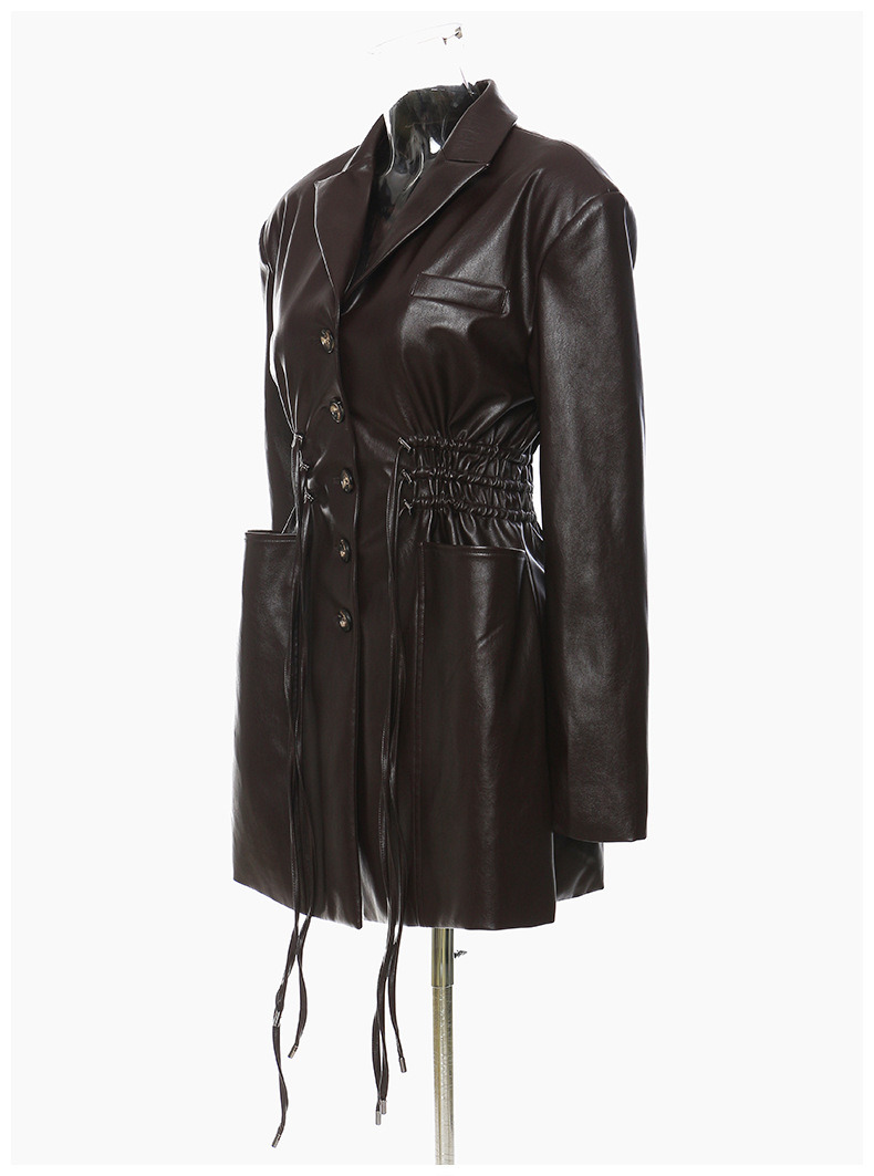 Breathable Women Fashion Drawstring Oversized Midi Winter Pockets Long Leather Jacket Coat PU Jackets
