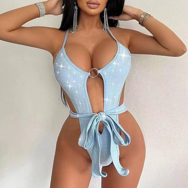 Solid Color Ladies One Piece Swimsuit Sexy Female Lace Up Bikini Tight Backless