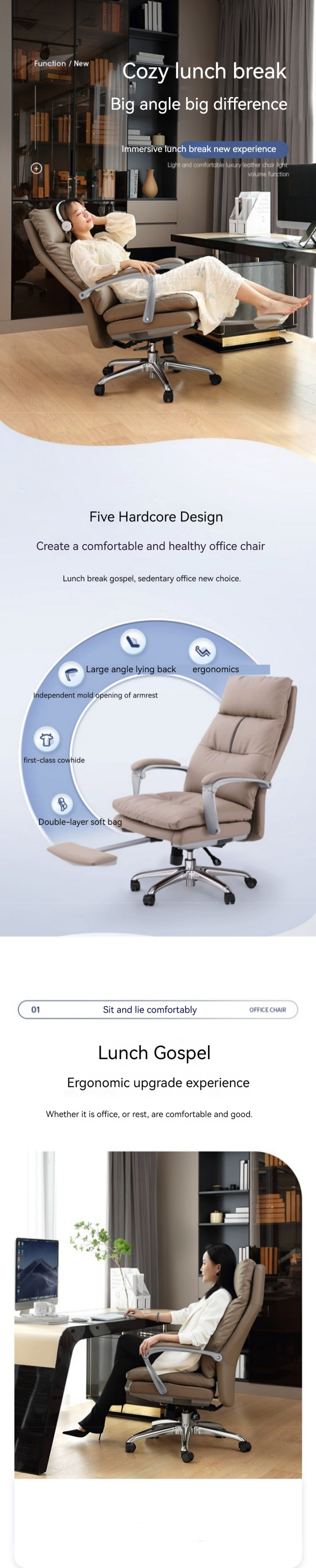 Reclining Genuine Leather Office Chair with Footrest Adjustable Height and Modern Design