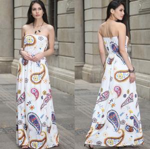 China European-style fashion strapless printed long billowing skirt maxi sexy dress wholesale