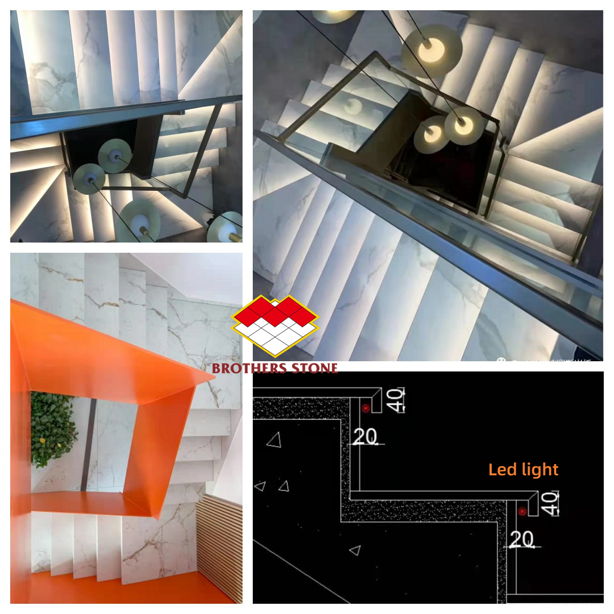 Anti-slip Groove Steps Calacatta Patterns Sintered Stone Stairs with Led Lighting