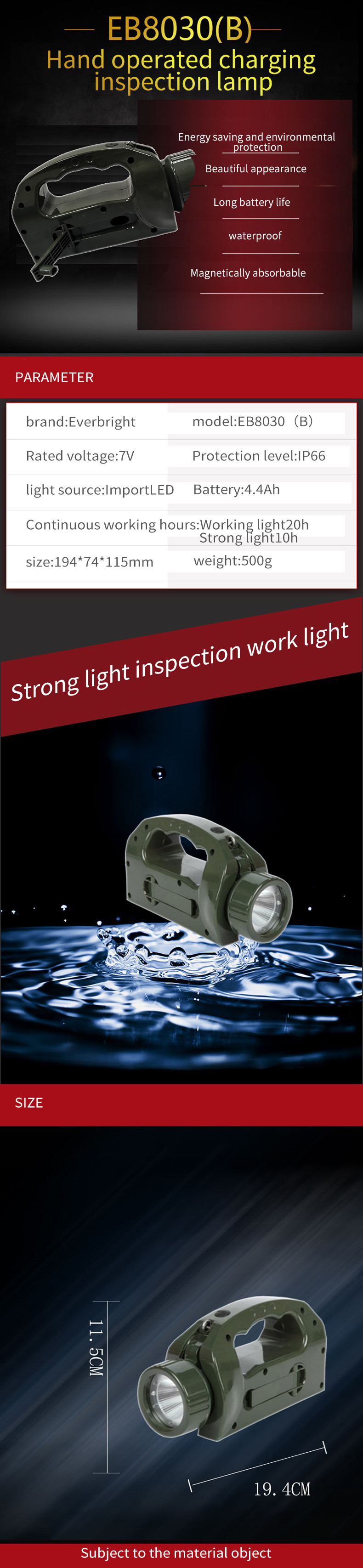 Portable IP66 60m LED Rechargeable Flashlight 20h working light