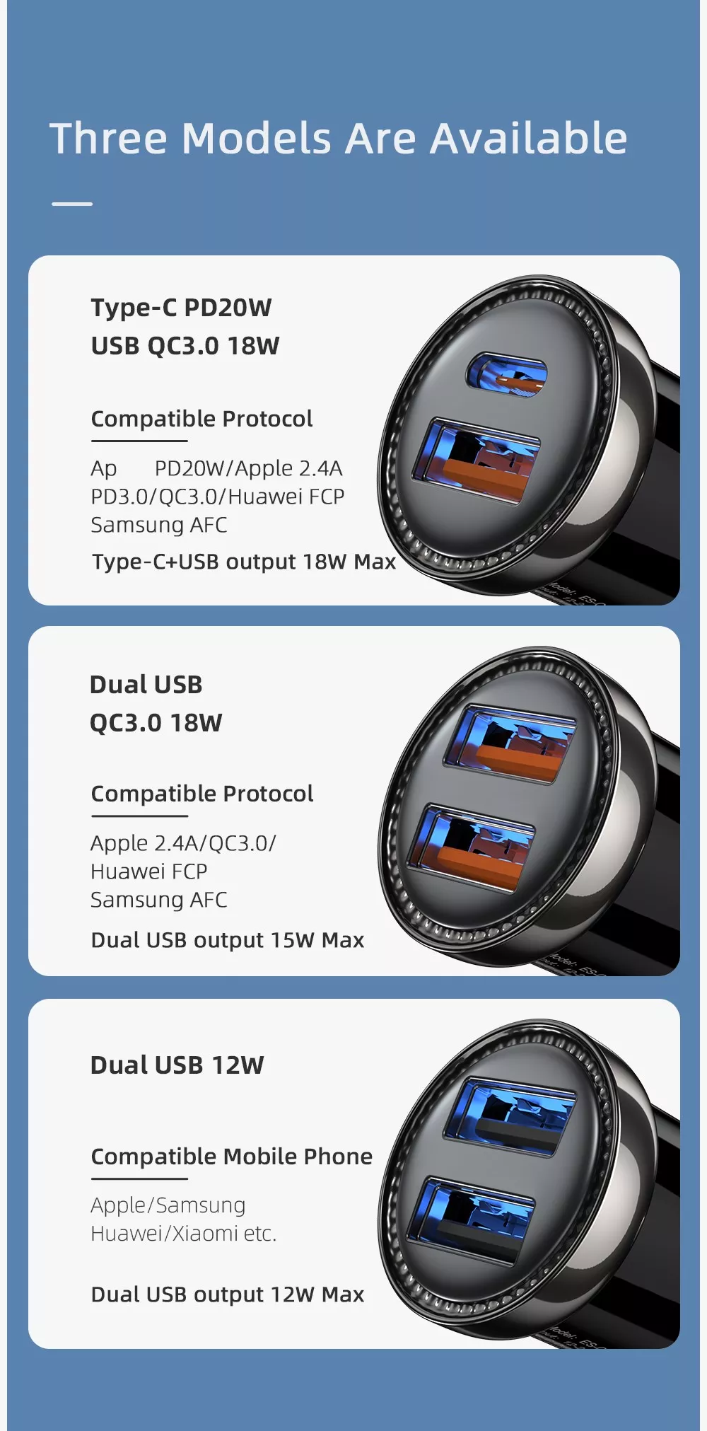Fireproof PC Phone USB Car Chargers Mini 20W PD3.0 QC3.0