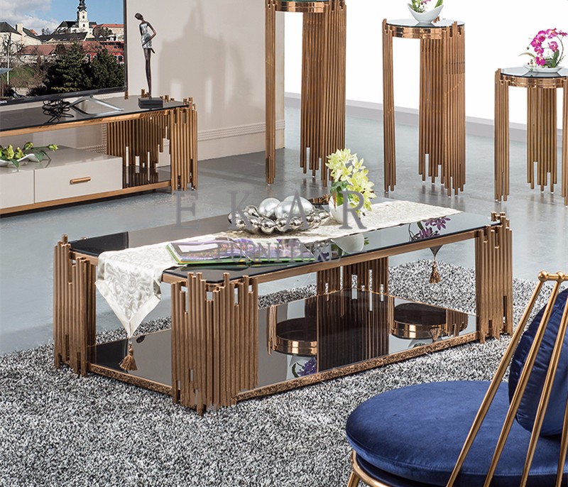 Rose Golden Metal Table Leg and Tempered Glass Living Room Coffee Table