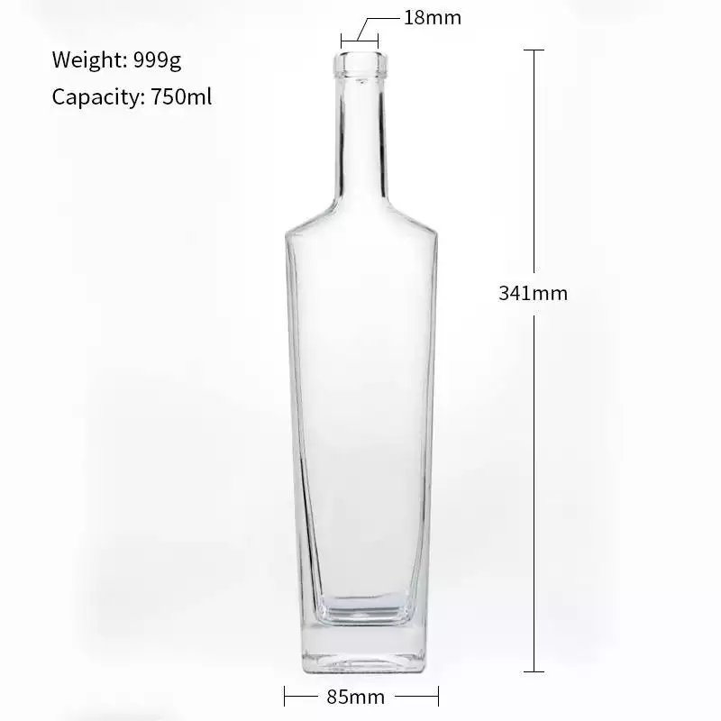 Square Spirit Liquor Bottle Capacity 750ml Base Material glass with Synthetic Cork
