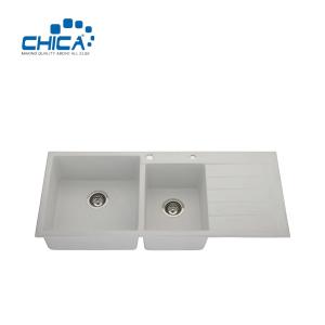 China Double Bowl Granite Kitchen Sink With Wing Topmount Quartz Granite Stone Composite Sink for House Kitchen wholesale