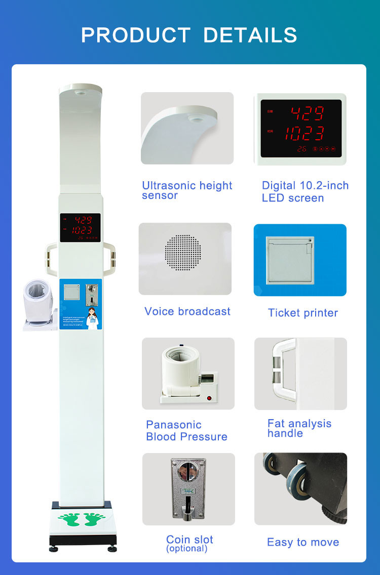 250v Ultrasonic Height And Weight Kiosk Body Fat Calculator Machine Led Screen