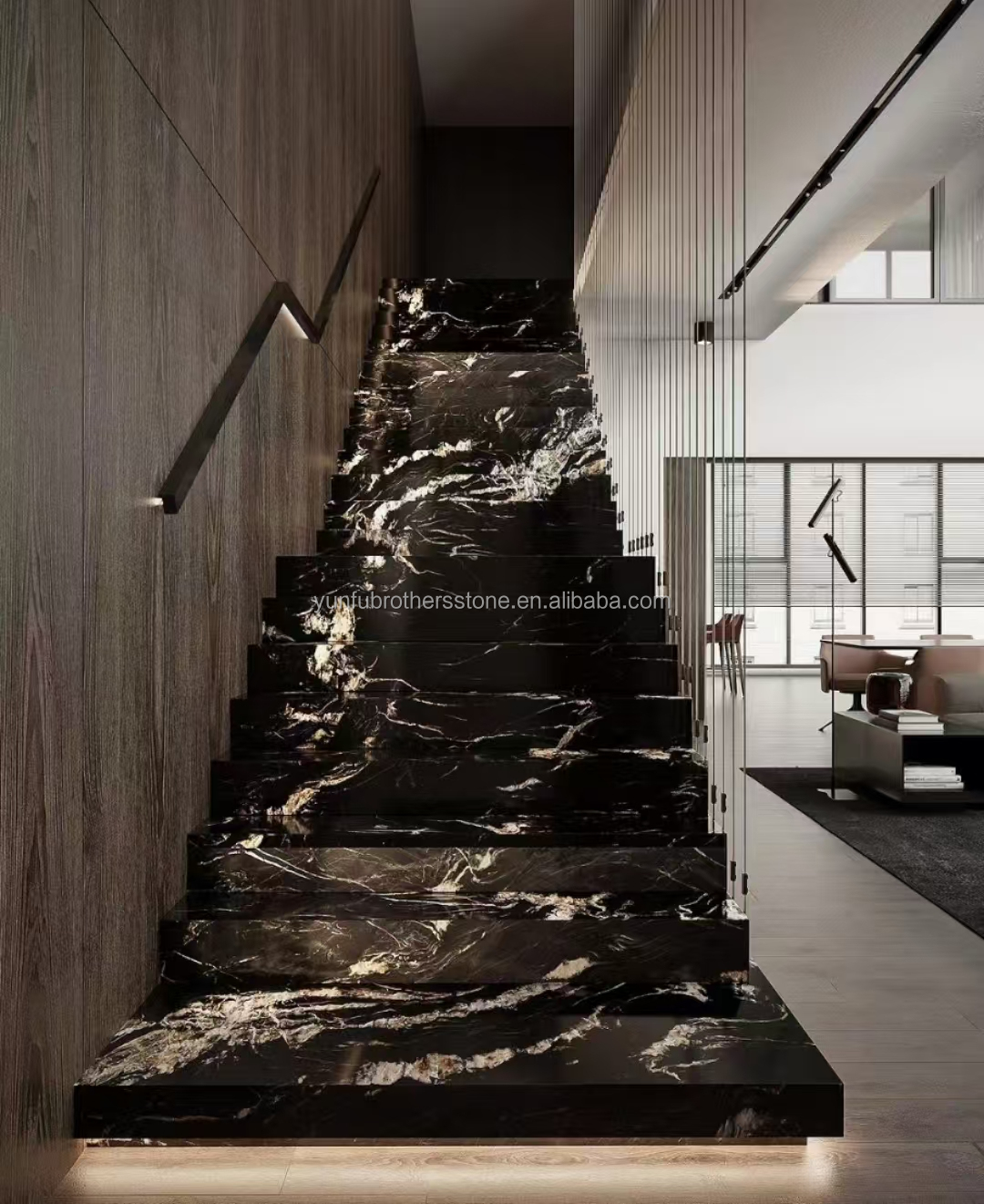 Modern Natural Phoenix Feather Black Gold Marble Stone Stair Steps Tile Big Slab