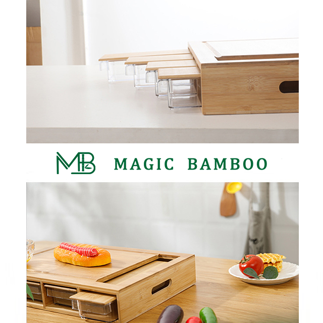 OEM ODM Natural Bamboo Cutting Board with Multifunction Storage and 4 Plastic Tray Drawers