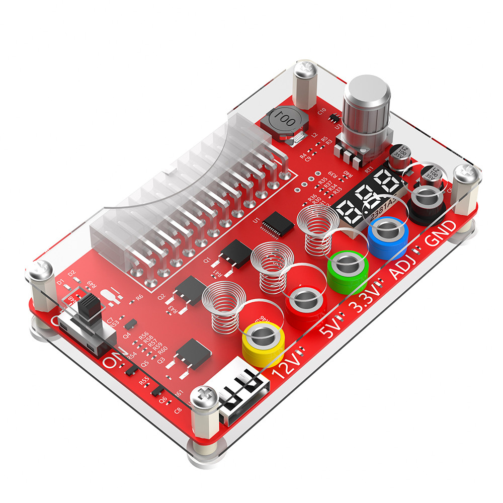 ATX Power Supply Breakout Board and Acrylic Case Kit with ADJ Adjustable Voltage Knob