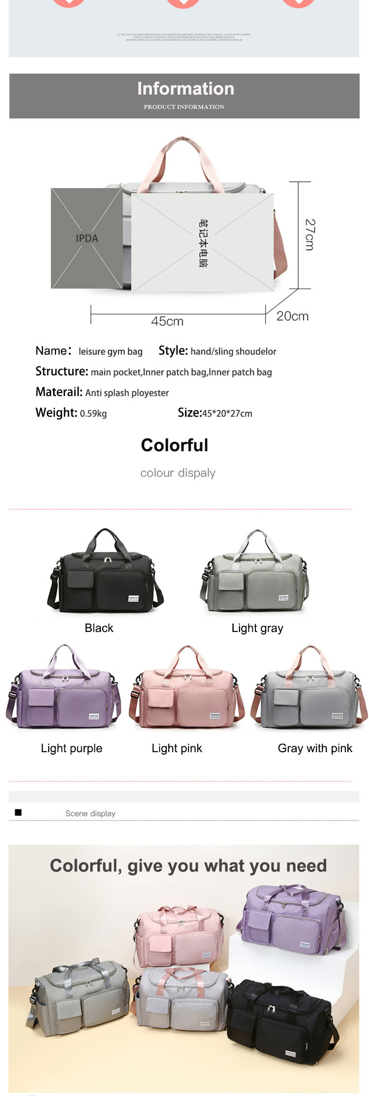 Ladies Waterproof Sports Fitness Bag Weekender Bag With Shoe Compartment