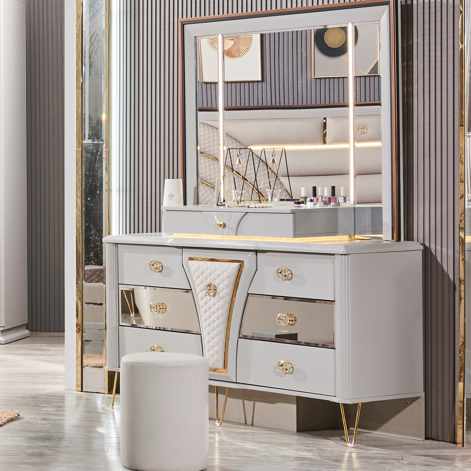 King Size Bedroom Sets Furniture Combo MDF Wardrobe Bed Side Table Dressing Table