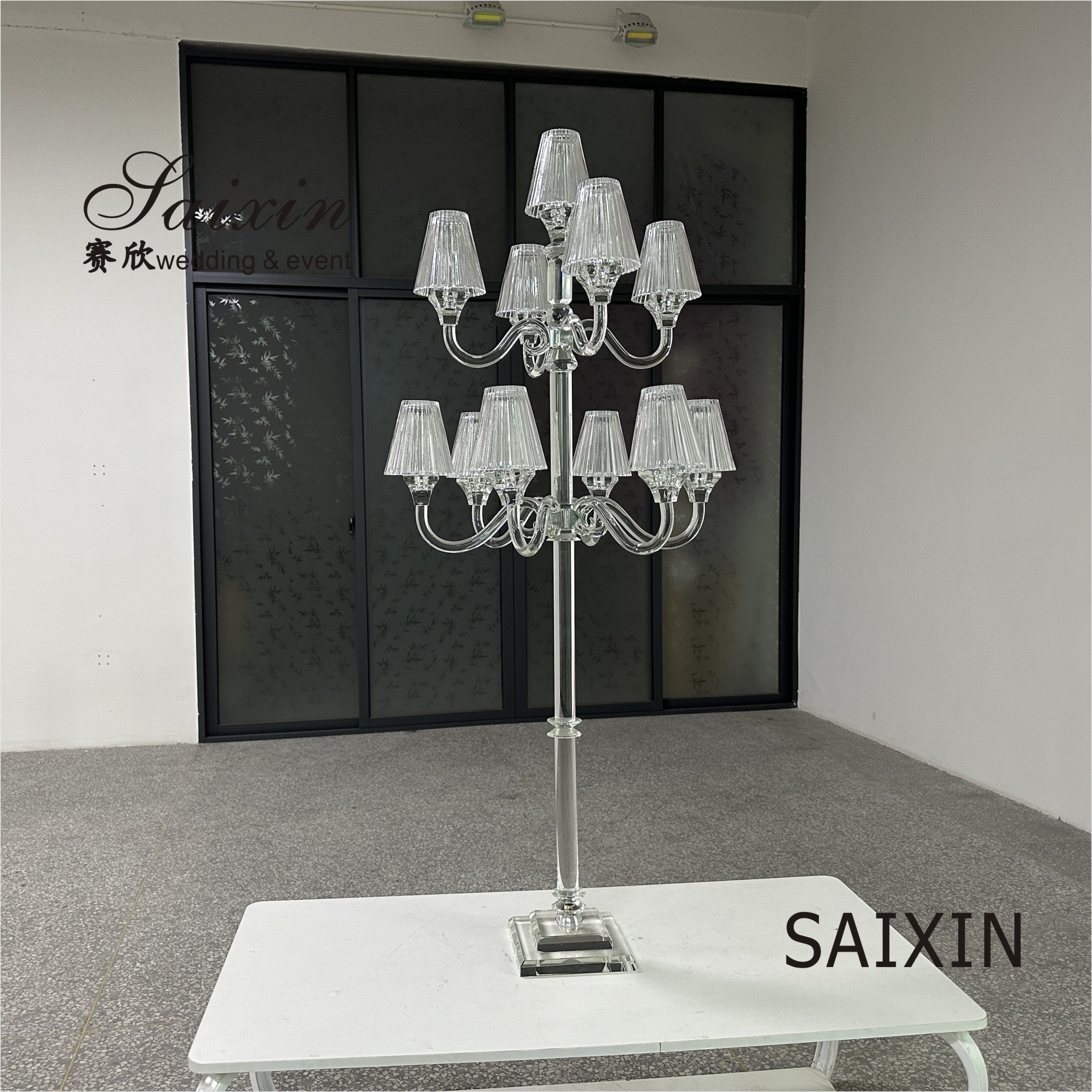 Event Decoration 11 Arms Crystal Candelabra With Glass Shade For Wedding Centerpieces