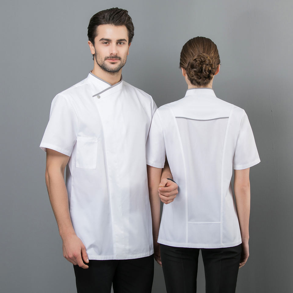 Kitchen White Chef Uniform Tops Unisex Design Washable Poly / Cotton
