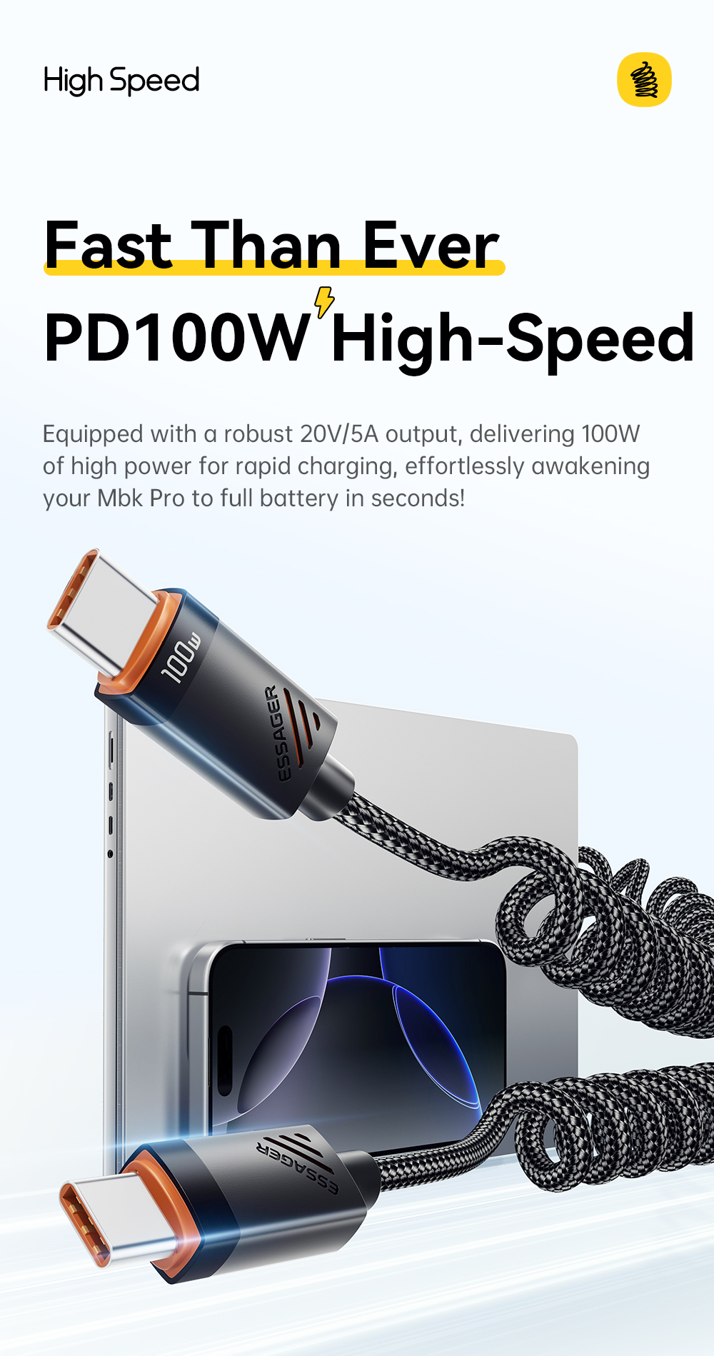 ESSAGER ES-X66 60W 100W Spring Style USB C to USB C Cable USB C PD