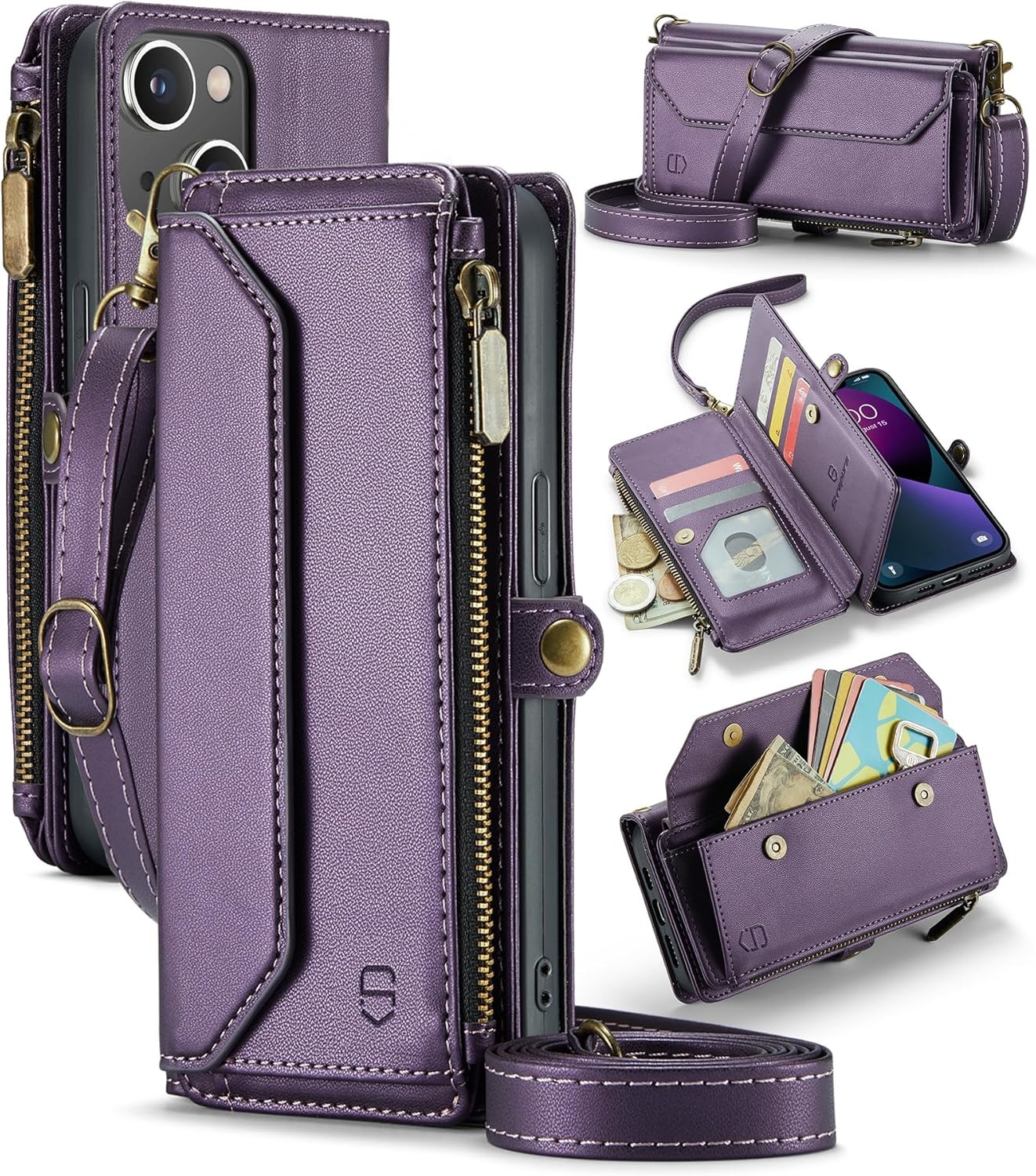 iPhone 13 case, zipper wallet with 7 cards, leather magnetic flip-flop wristband