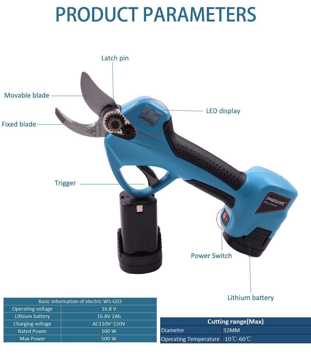 Swansoft 16.8V cordless tree electric pruning shears electric pruning scissors for fruit trees with LED
