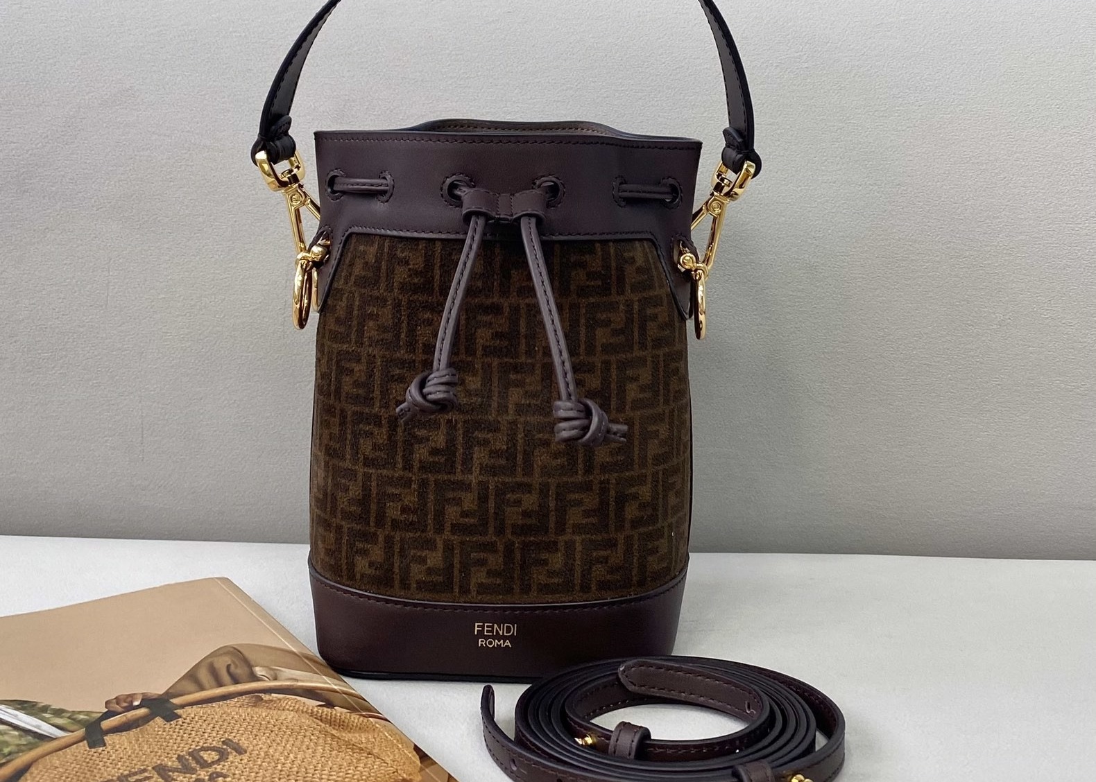 Drawstring Coffee Small Leather Crossbody Bag Old Flower Pattern
