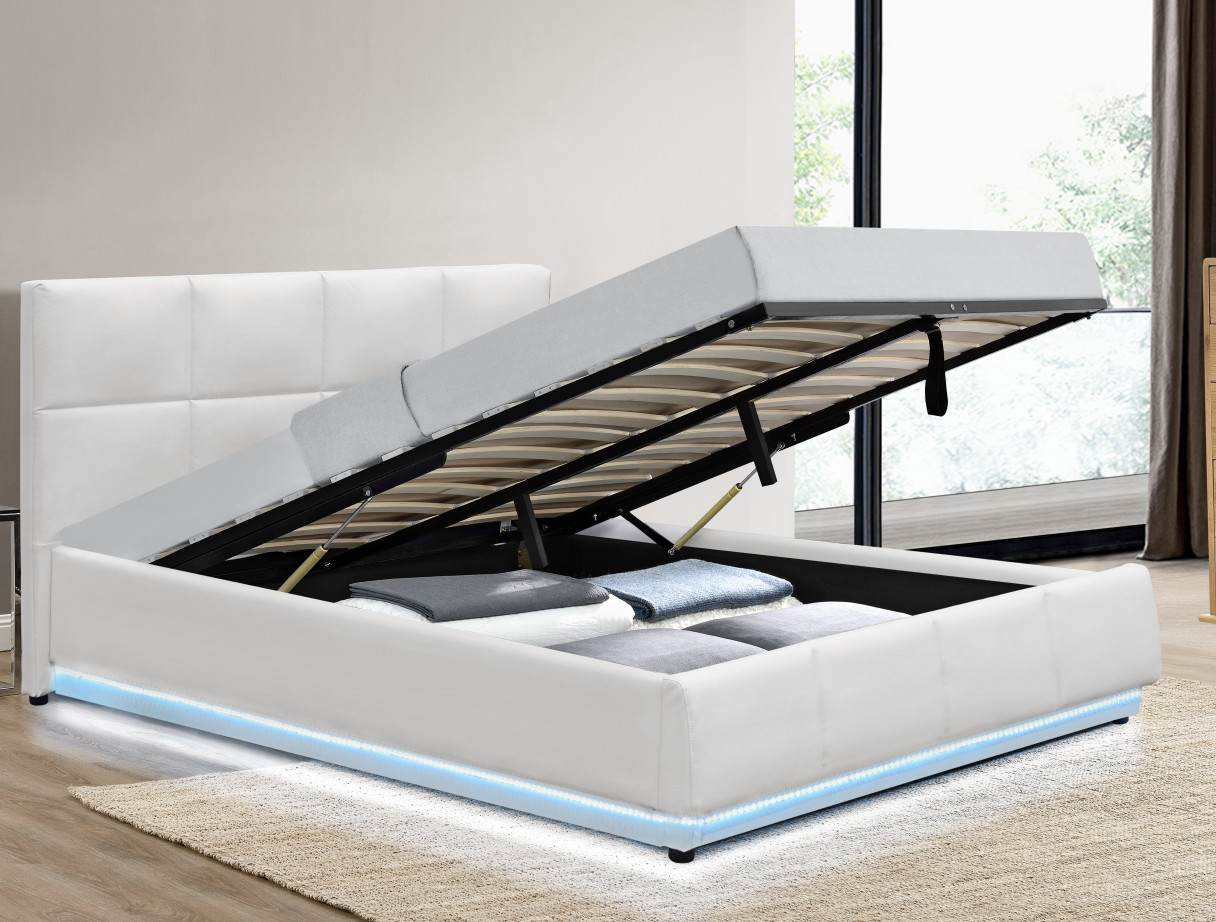 Optional Color Faux Leather Gas Lift Storage Bed With LED Light For Good Sleeping