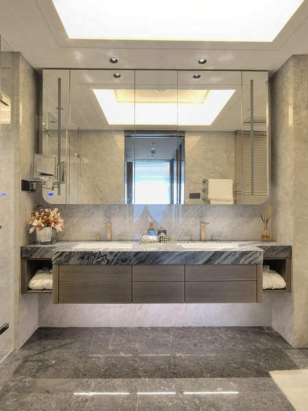 Fadior Luxe Arc – Stainless Steel Bathroom Vanity With Woodgrain Doors & Quartz Top