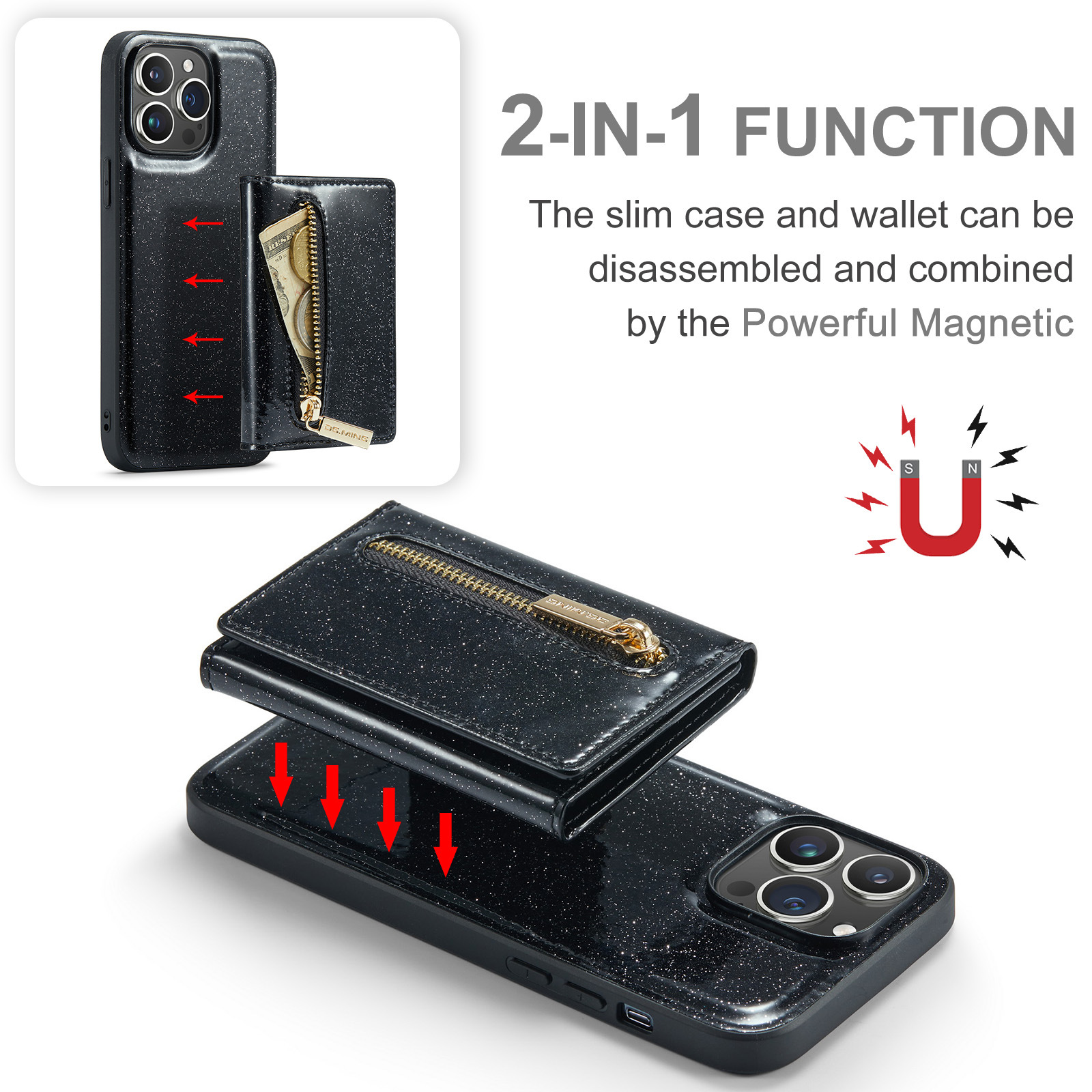For IPhone15 Pro Max Flash Wallet Protector PU Mobile Cover IP14 Pro 2 in 1 Magnetic Cell Phone case