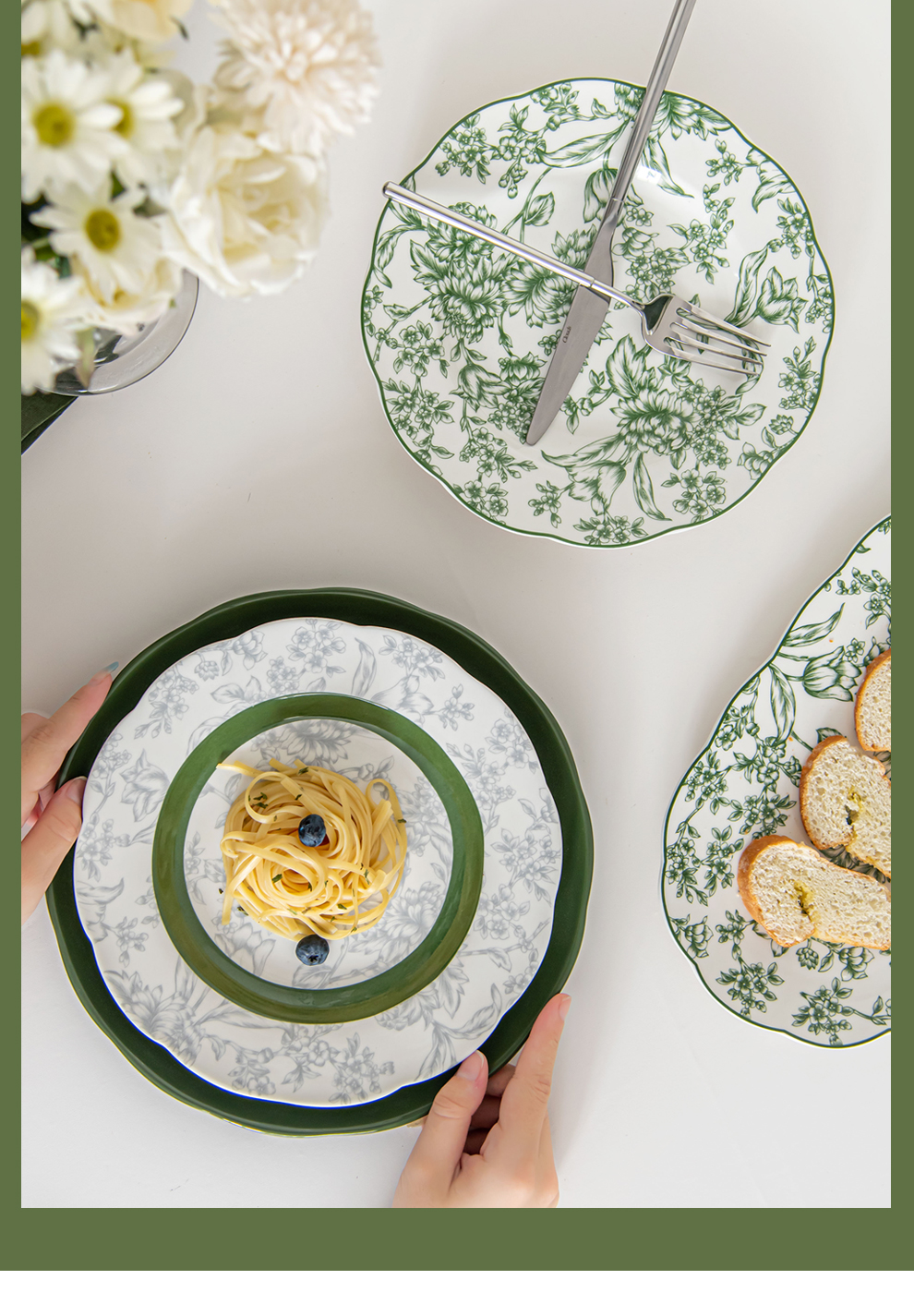 Restaurant Occasion Luxurious Green Ceramic Dinner Set With Flower Design
