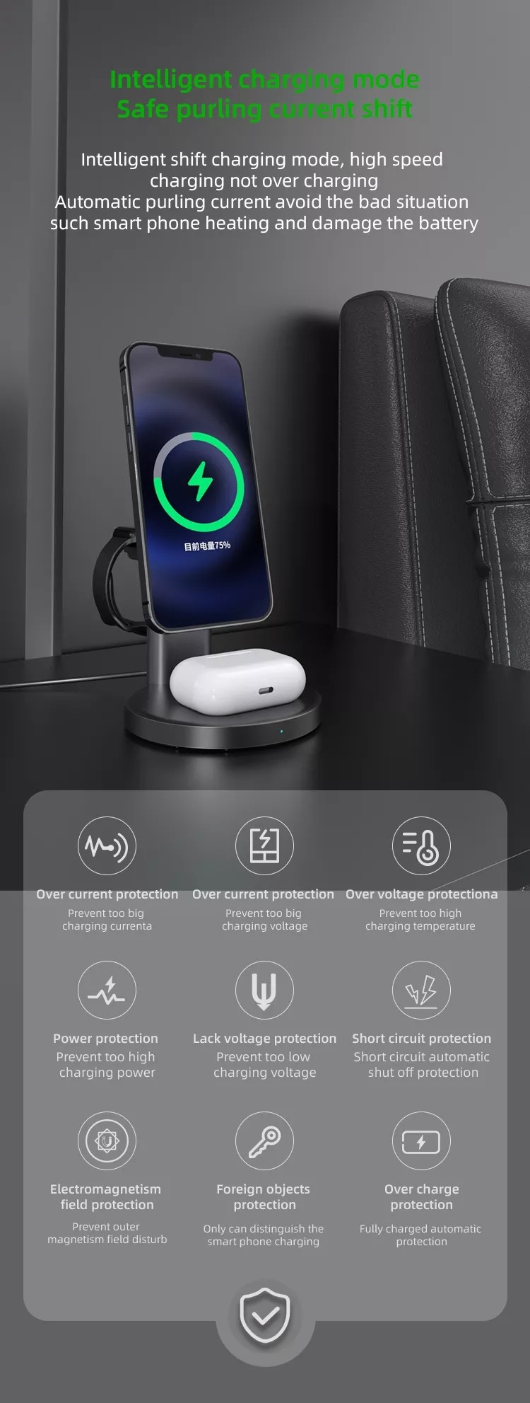 Magnetic 15W ABS Wireless Charging Station For IPhone Airpods Apple Watch