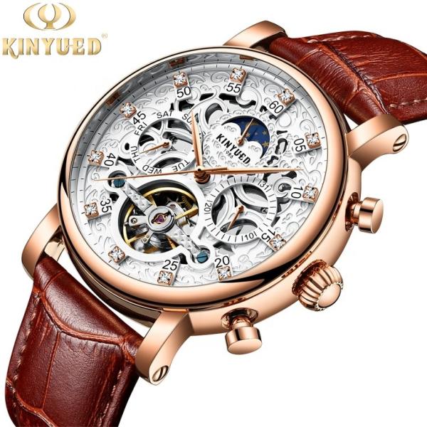 Brand KINYUED watch diamond decoration dial skeleton mens leather automatic