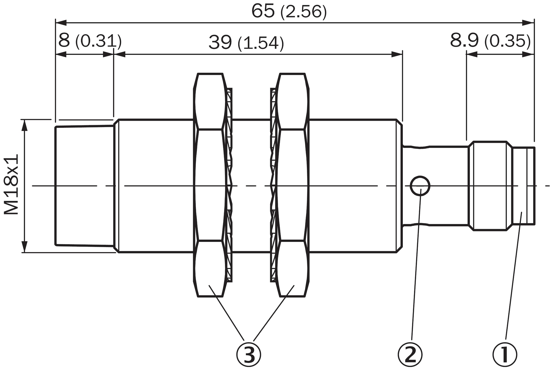 Dimensional drawing IMB18 Standard, connector M12, non-flush