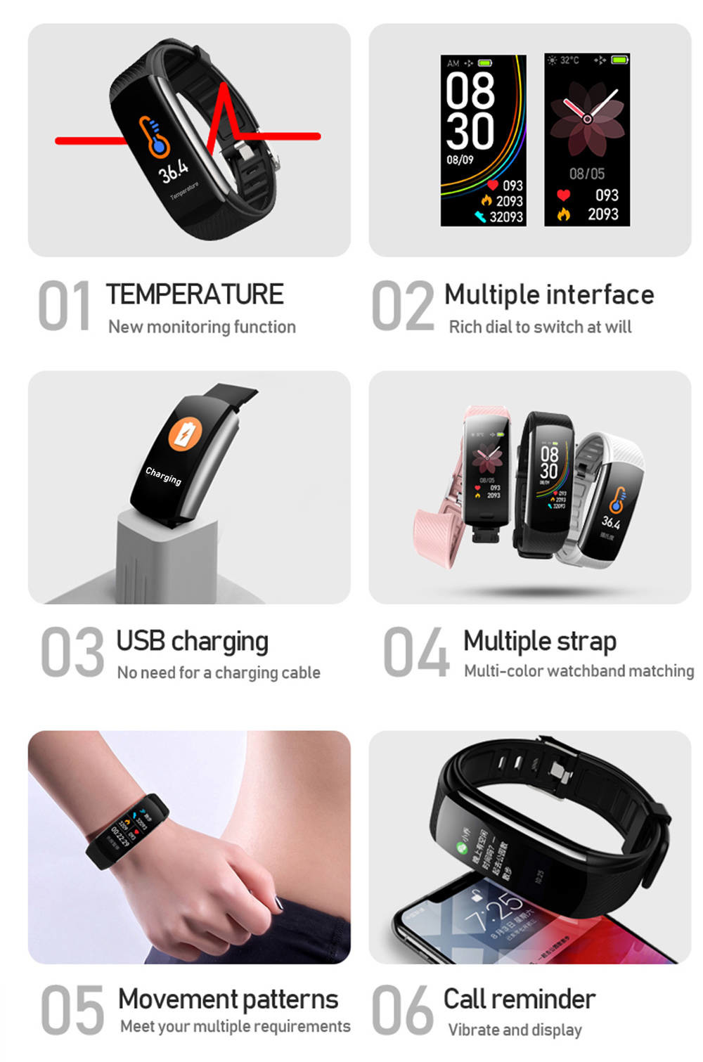 Temperature Monitoring Smart Functional Bracelet Health Data Step Number For Family