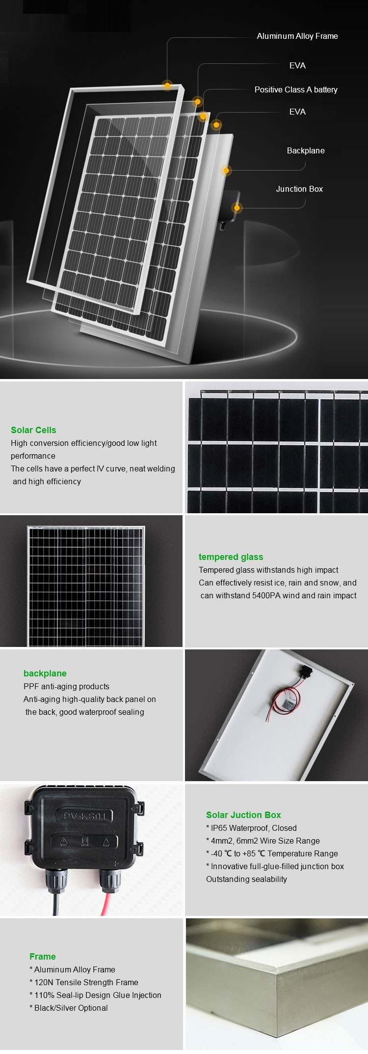 500W 30KG Crystalline Silicon Silver Cells Solar Panels High Conversion Rate