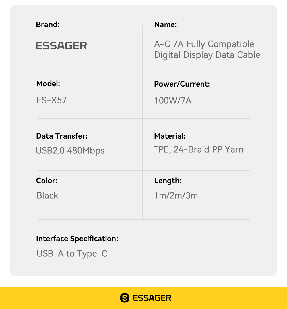 Cotton Yarn USB A To Type C Cable 100W ESSAGER ES-X57 Series