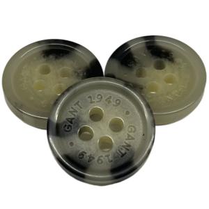 China 26L Engraved Logo Fake Horn Button With Rim 4 Hole Brown Color wholesale