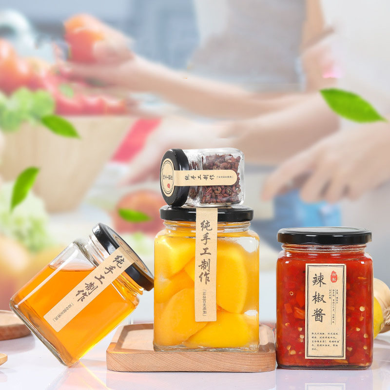 Food Storage Square Glass Jars , Portable 4 Inches Wide Mouth Glass Jars