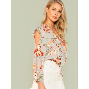 Fashion Floral Print Summer Women Blouse With Ruffle