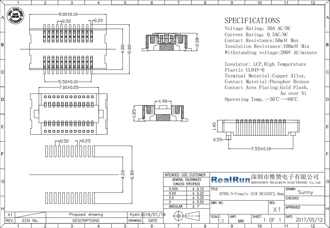 0.5mm Pitch Printed Circuit Board Connector Female Environmental Protection