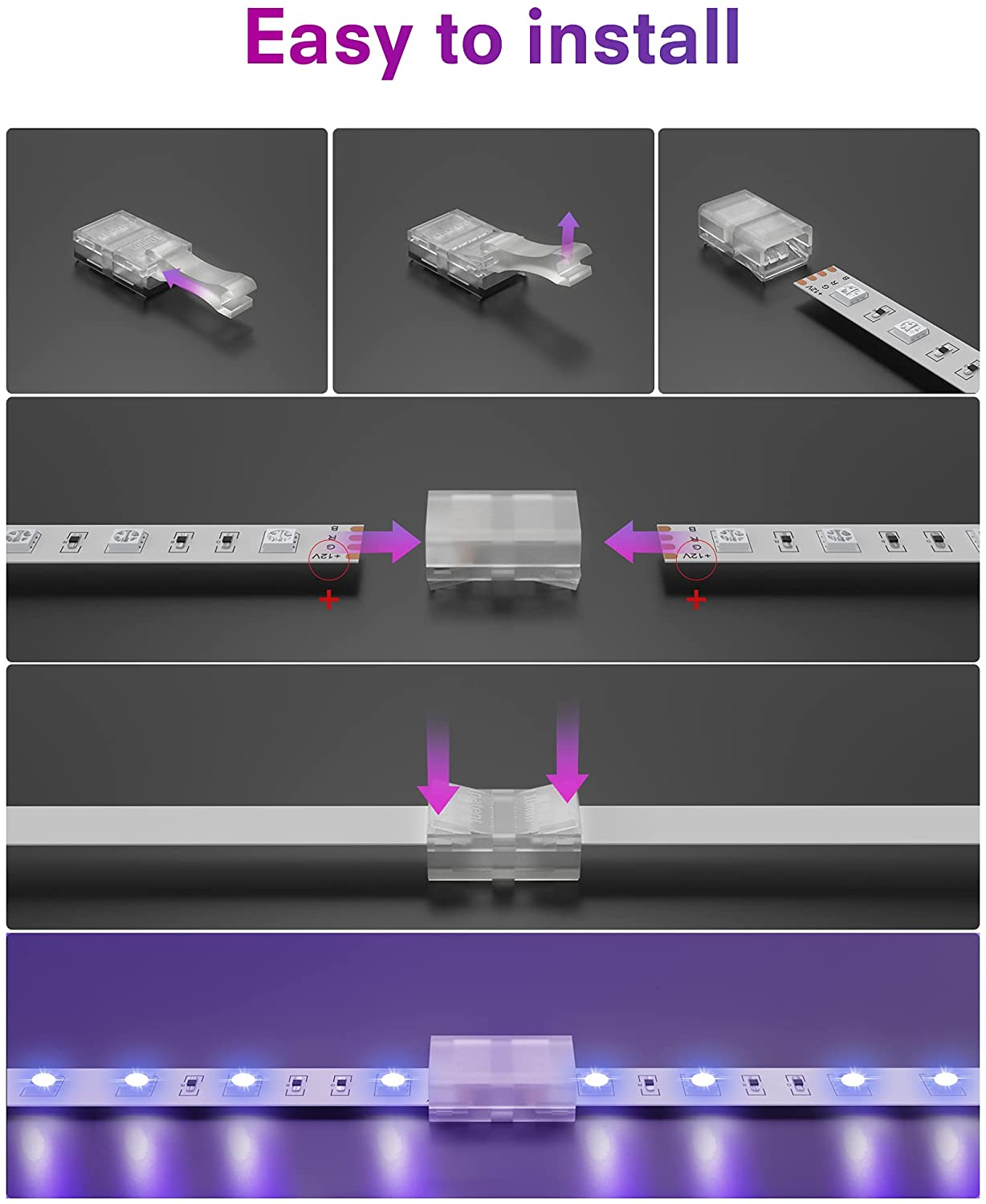 Waterproof IP20 COB LED Strip Connectors for 8mm 10mm Strip to Strip Plastic L-Shaped