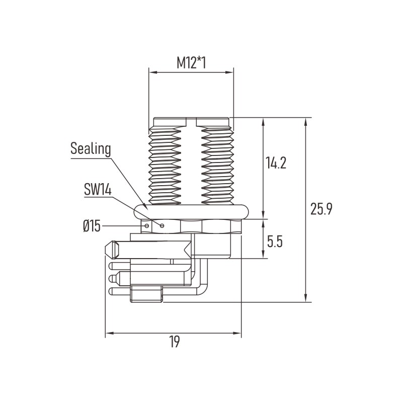 Panel Front Side Fastening M12 5 Pin Male Connector With 90 Degree PCB Contacts
