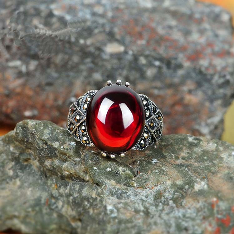 Thai Silver Jewelry Sterling Silver Red Cubic Zirconia Marcasite Ring (R111702)