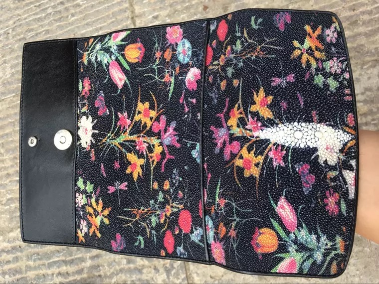 Authentic Stingray Skin Female Long Flower Trifold Wallet Genuine Leather Lady Large Clutch Bag Women Floral Coin Purse