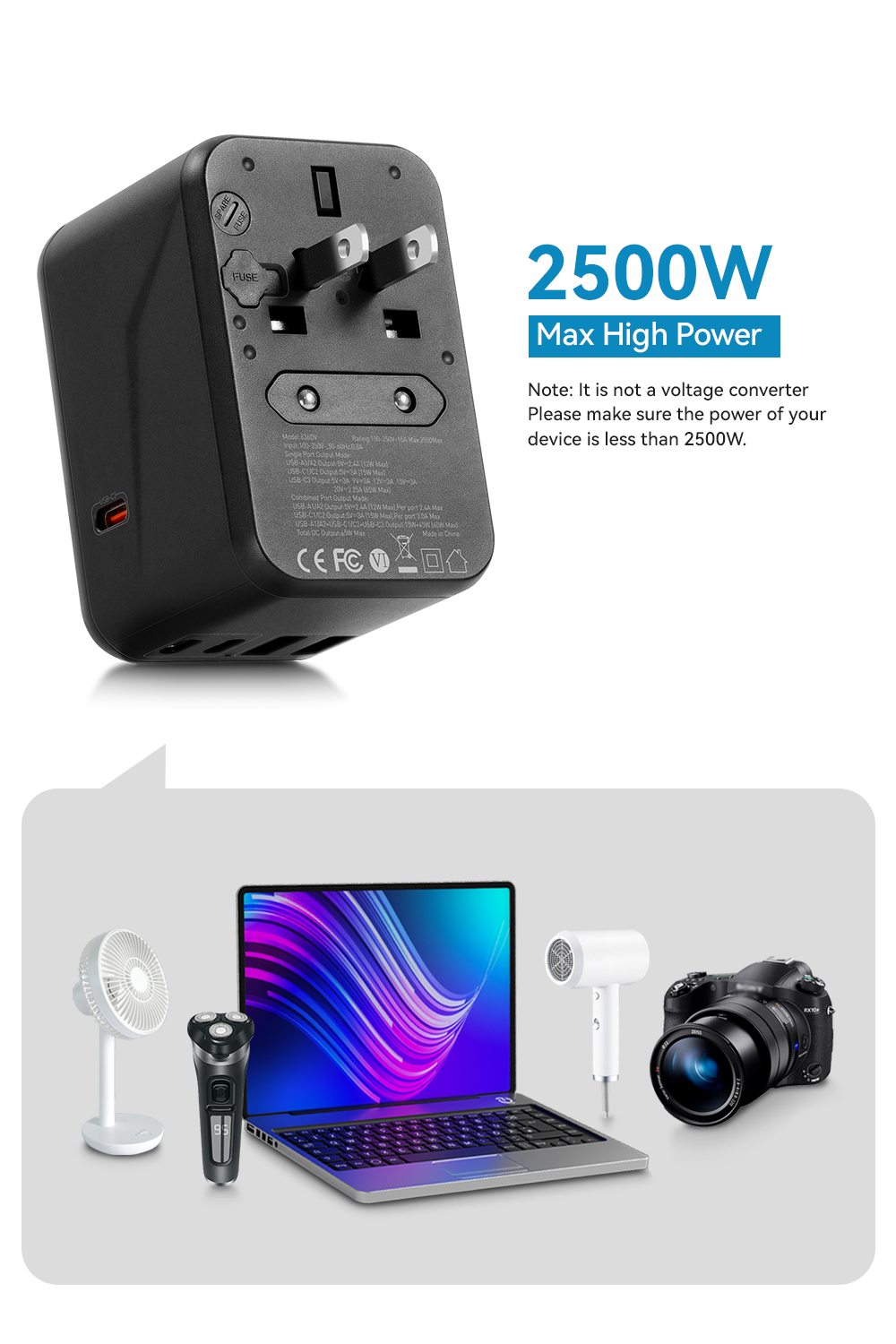Essager 2023 Travel New Product Phone Accessories Quick Charging 3 USB-C 2 USB-A Portable Travel 65w Charger