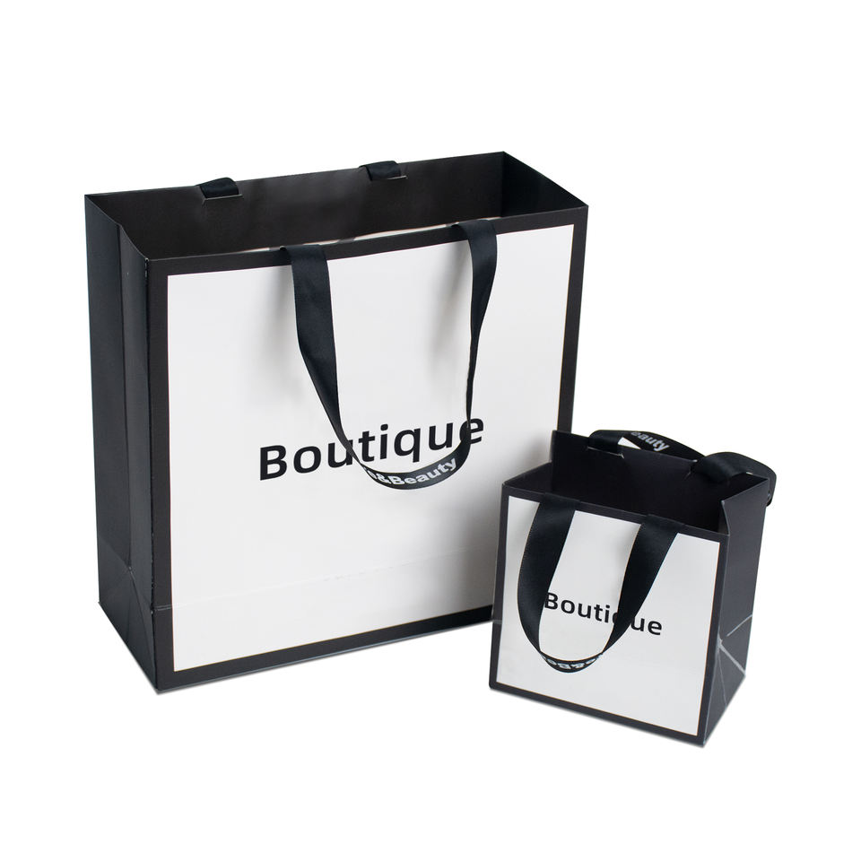 Luxury Black Paper Bag With Ribbon Handles for Custom Printed Logo Jewelry Packaging